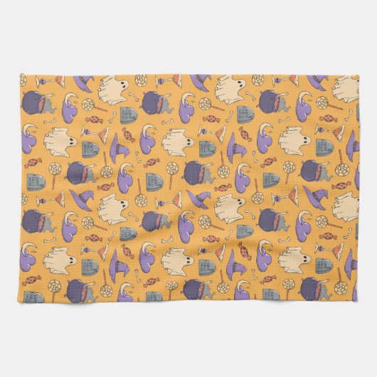 ハロウィンよくはしゃぐ幽霊と魔女のパターン キッチンタオル (横)