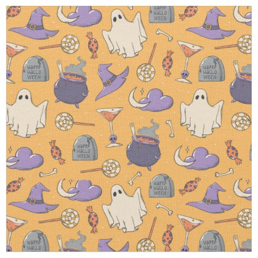 ハロウィンよくはしゃぐ幽霊と魔女のパターン ファブリック (クローズアップ)
