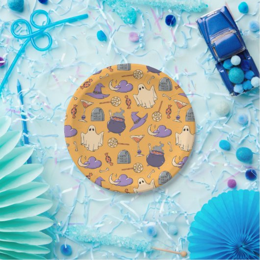 ハロウィンよくはしゃぐ幽霊と魔女のパターン ペーパープレート (パーティー)