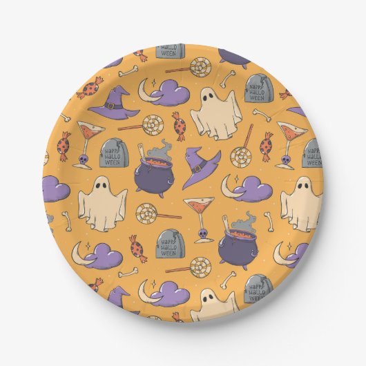 ハロウィンよくはしゃぐ幽霊と魔女のパターン ペーパープレート (正面)