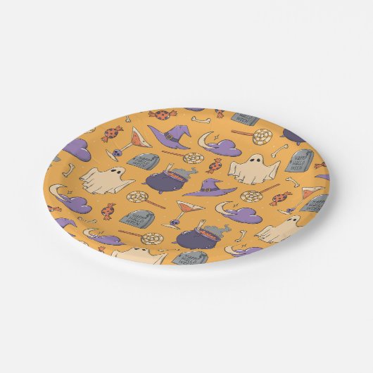 ハロウィンよくはしゃぐ幽霊と魔女のパターン ペーパープレート (アングル)