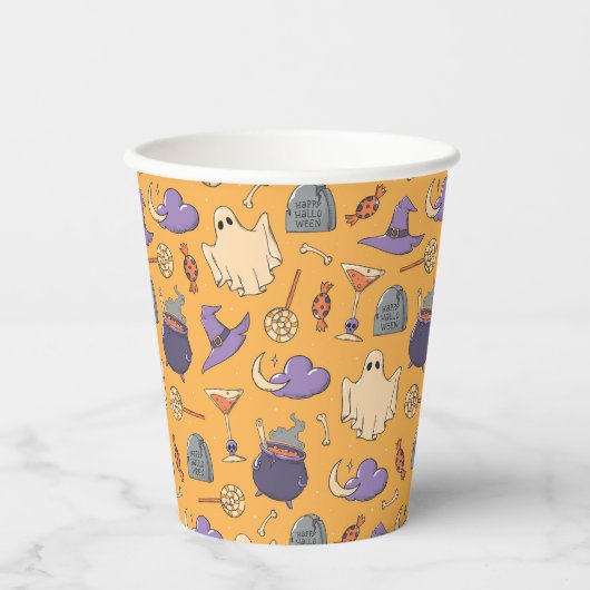 ハロウィンよくはしゃぐ幽霊と魔女のパターン 紙コップ (正面)