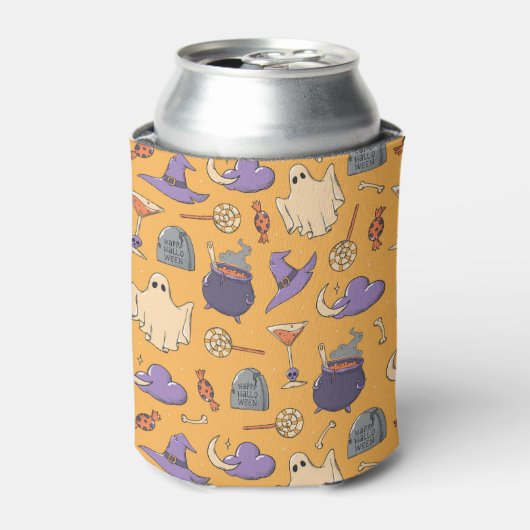 ハロウィンよくはしゃぐ幽霊と魔女のパターン 缶クーラー (缶正面)