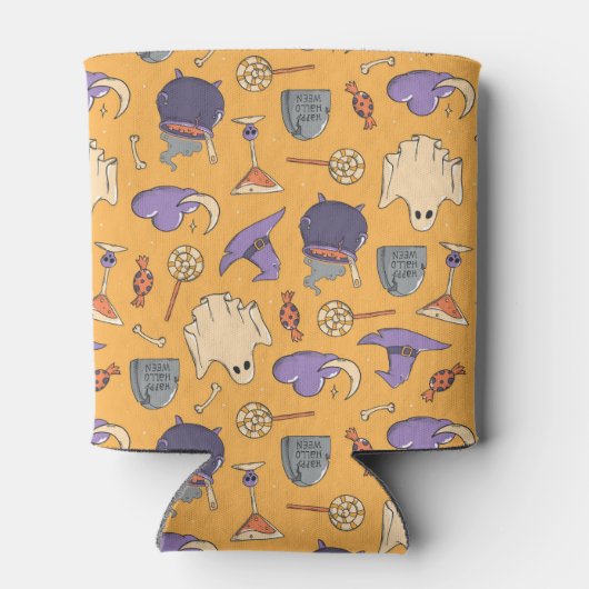 ハロウィンよくはしゃぐ幽霊と魔女のパターン 缶クーラー (裏面)