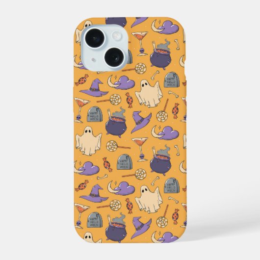 ハロウィンよくはしゃぐ幽霊と魔女のパターン iPhone 15ケース (裏面)