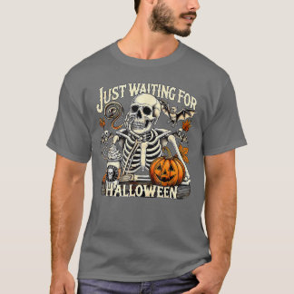 ハロウィンを今か今かと待つ女性・男性用スケルトンTシャツ Tシャツ