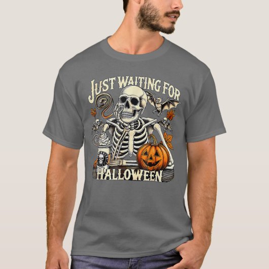 ハロウィンを今か今かと待つ女性・男性用スケルトンTシャツ Tシャツ (正面)
