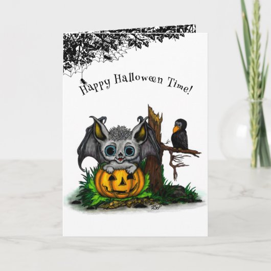 ハロウィンを待つ、可愛いコウモリとワタリガラス カード (正面)