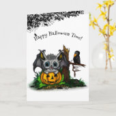 ハロウィンを待つ、可愛いコウモリとワタリガラス カード (黄色い花)