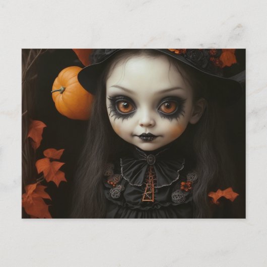 ハロウィンを忘れて不気味な魔女の人形オレンジ色の目 シーズンポストカード (正面)