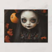 ハロウィンを忘れて不気味な魔女の人形オレンジ色の目 シーズンポストカード (正面)