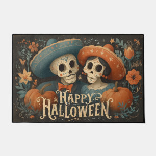 ハロウィンを祝おう!カボチャを持つフォークスタイルのドクロ夫婦 ドアマット