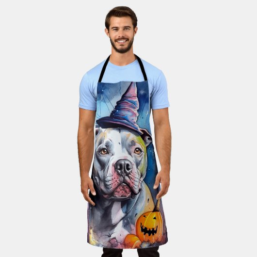 ハロウィンアメリカ(犬)スタッフォードとカボチャ エプロン (着用した状態)