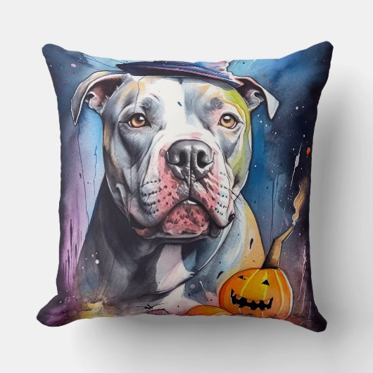 ハロウィンアメリカ（犬）スタッフォードとカボチャ クッション (正面)