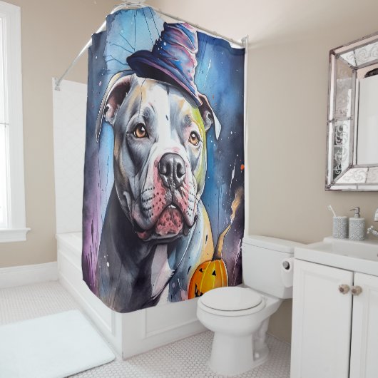 ハロウィンアメリカ（犬）スタッフォードとカボチャ シャワーカーテン (インサイチュ)