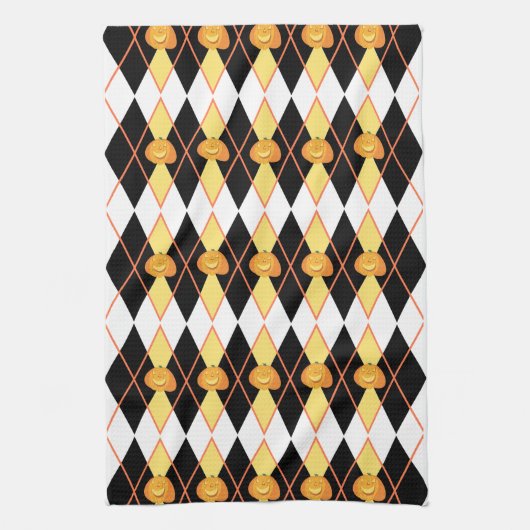 ハロウィンアーガイルジャック・オ・ランタン・パンプキン キッチンタオル (縦)