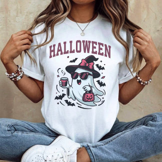 ハロウィンアーチ - ピンクのコーヒーを抱えるかわいいお化け Tシャツ