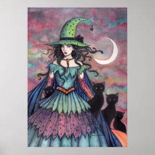 ハロウィンアート 魔女と黒猫 ポスター