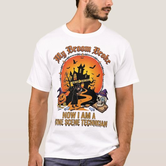 ハロウィンウィッチのほうき破損犯罪現場技術者 Tシャツ (正面)