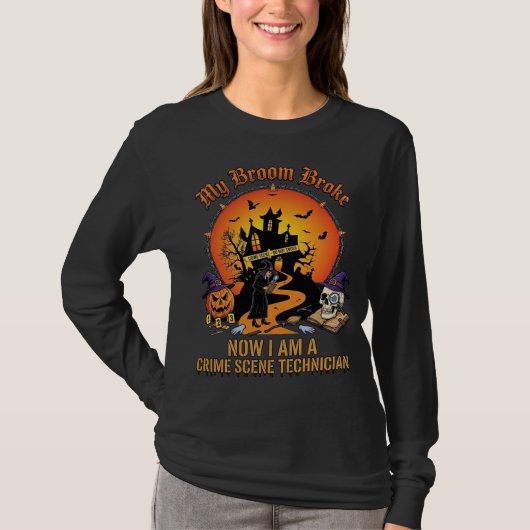 ハロウィンウィッチのほうき破損犯罪現場技術者 Tシャツ (正面)