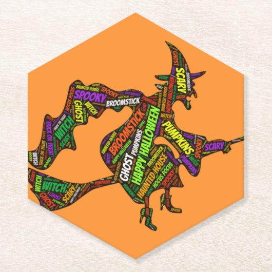 ハロウィンウィッチオンザブロムスティックオレンジタイポグラフィ ペーパーコースター (正面)
