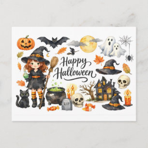 ハロウィンウィッチ、猫、お化け屋敷などの楽しいハロウィン コラージュ シーズンポストカード