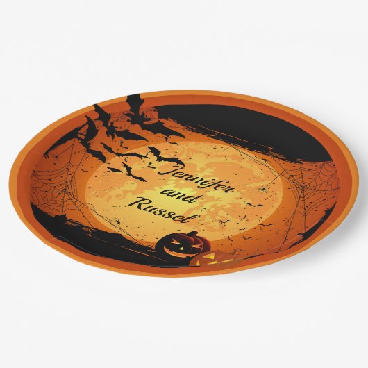 ハロウィンウェディングレセプションのパーソナライズ ペーパープレート (アングル)