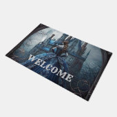 ハロウィンウェルカム幽霊のよく出るハウスブルーナイトホラー ドアマット (アングル)
