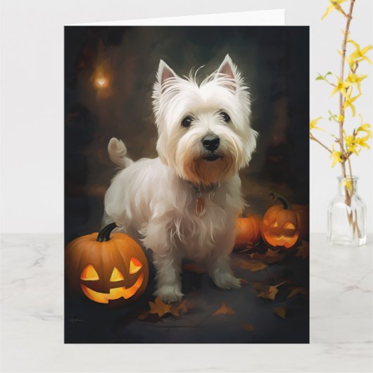 ハロウィンウエストハイランドホワイトテリアパンプキンズ カード (黄色い花)
