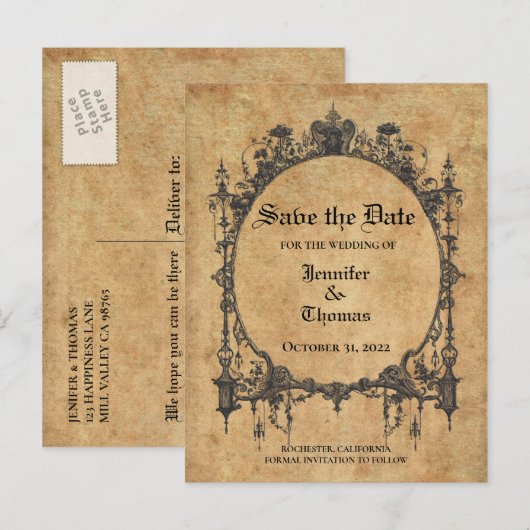 ハロウィンエレガントウェディングは日付ポストカードを保存 案内ポストカード (正面/裏面)