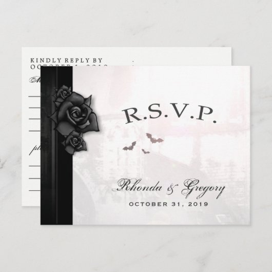 ハロウィンエレガントゴシックBlack MENU Matching RSVP インビテーションポストカード (正面/裏面)