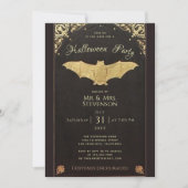 ハロウィンエレガント金ゴールドこうもりブラックヴィンテージ 招待状 (正面)