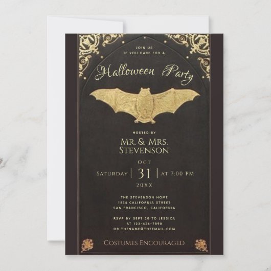 ハロウィンエレガント金ゴールドこうもりブラックヴィンテージ 招待状 (正面)