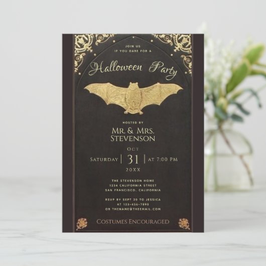 ハロウィンエレガント金ゴールドこうもりブラックヴィンテージ 招待状 (スタンド正面)