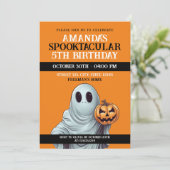 ハロウィンオレンジアンドホワイトパンプキン幽霊誕生日 招待状 (スタンド正面)