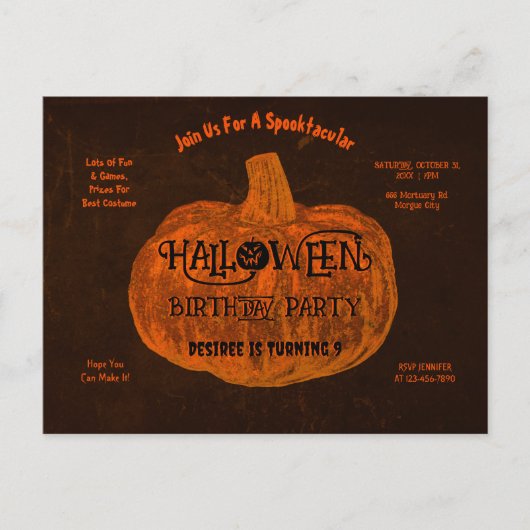 ハロウィンオレンジカボチャ誕生日パーティー インビテーションポストカード (正面)