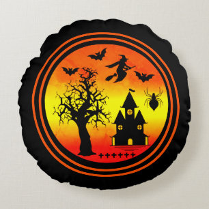 ハロウィンオレンジサンセットウィッチ幽霊のよく出るハウスパーティー ラウンドクッション