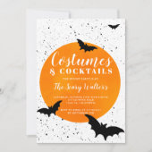 ハロウィンオレンジ色の月こうもり(ばちゃばちゃ)跳ねるカクテル 招待状 (正面)
