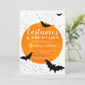 ハロウィンオレンジ色の月こうもり(ばちゃばちゃ)跳ねるカクテル 招待状 (スタンド正面)