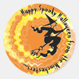 ハロウィンオレンジ飛んでいるの魔女魔法呪文文字 ラウンドシール