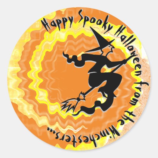 ハロウィンオレンジ飛んでいるの魔女魔法呪文文字 ラウンドシール (正面)