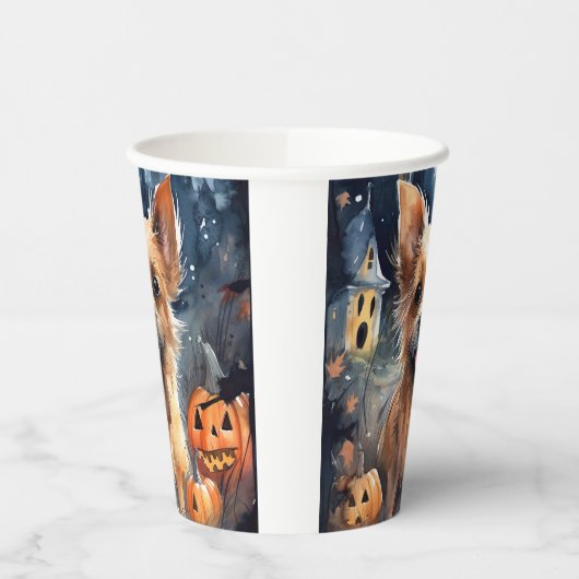ハロウィンオーストラリアのテリアとカボチャ怖い 紙コップ (左)