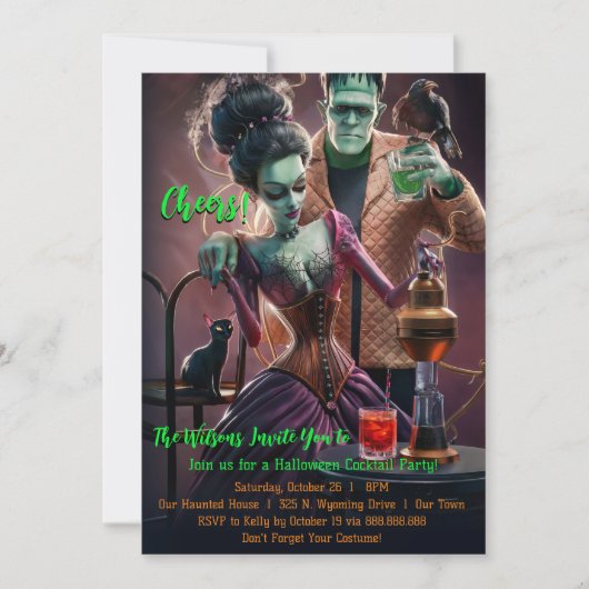 ハロウィンカクテルパーティー、フランケンシュタイン＆花嫁 招待状 (正面)