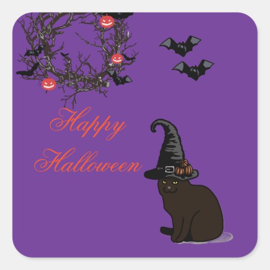 ハロウィンカスタムお洒落おもしろい猫パープル スクエアシール (正面)