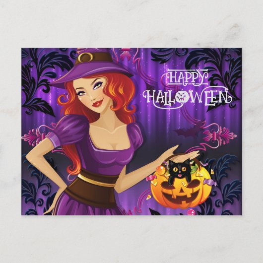 ハロウィンカスタムお洒落の可愛い魔女紫 ポストカード (正面)