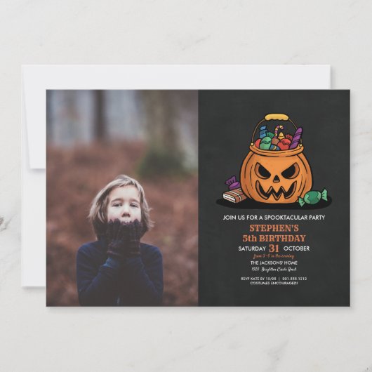 ハロウィンカボチャお菓子キッド写真の誕生日パーティー 招待状 (正面)