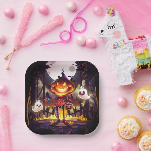 ハロウィンカボチャかわいい幽霊たちムーンホラー森 ペーパープレート (パーティー)