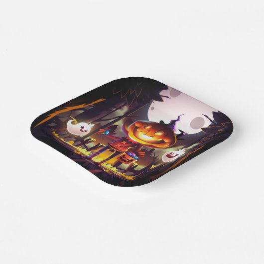 ハロウィンカボチャかわいい幽霊たちムーンホラー森 ペーパープレート (傾斜あり)