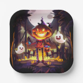 ハロウィンカボチャかわいい幽霊たちムーンホラー森 ペーパープレート (正面)
