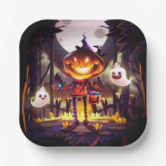 ハロウィンカボチャかわいい幽霊たちムーンホラー森 ペーパープレート (正面)